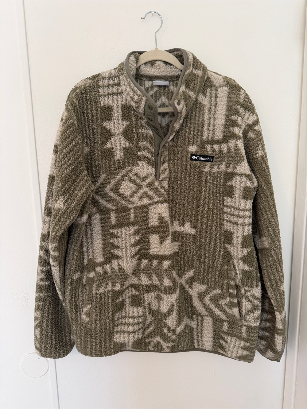 Columbia Fleece Pullover Olive Cream Patterned Half Zip L